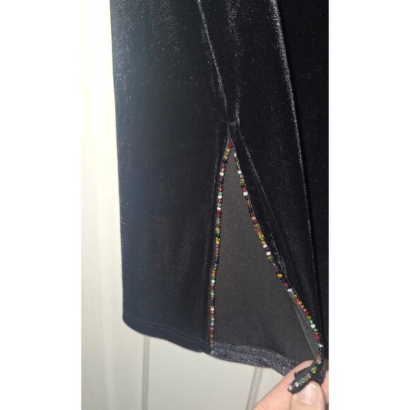 Vintage Made USA 2XL Pull On Skirt Velour Black Beaded Slits Whimsygoth Witchy - Picture 2 of 4